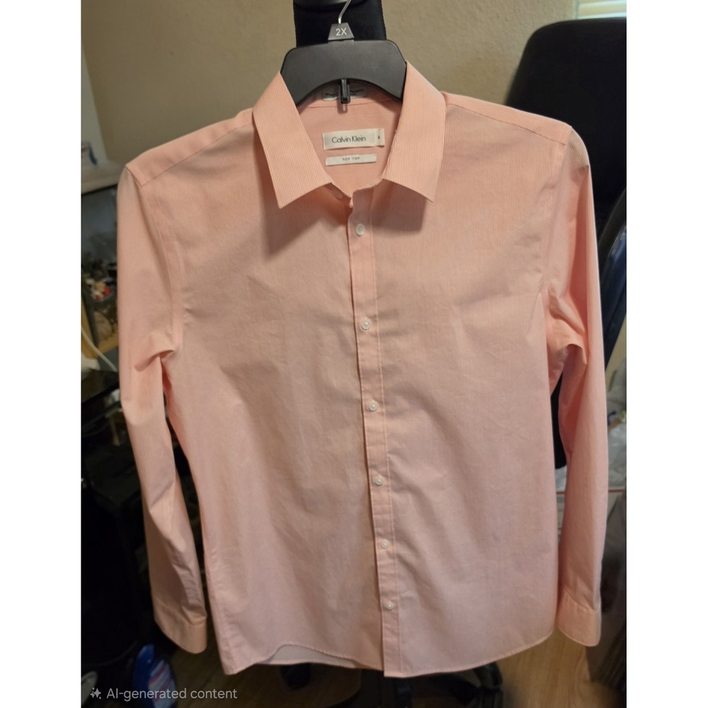 Calvin Klein Men's XL Infinite No Iron Dress Shirt  Pink Pin Stripe Medium